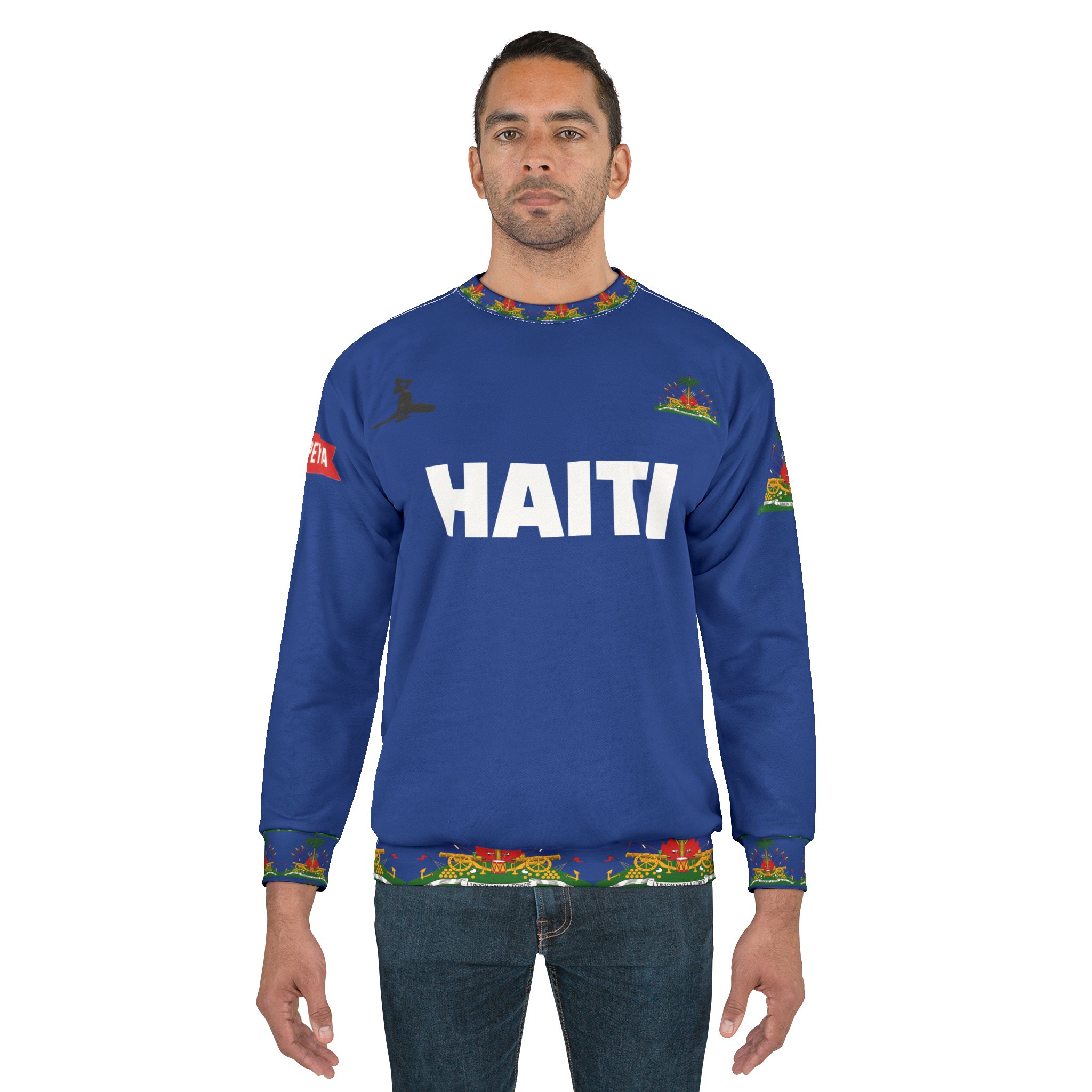 Haiti Blue Crewneck Sweatshirt – Bold Haiti Script with Haitian Flag Trim - Image 4