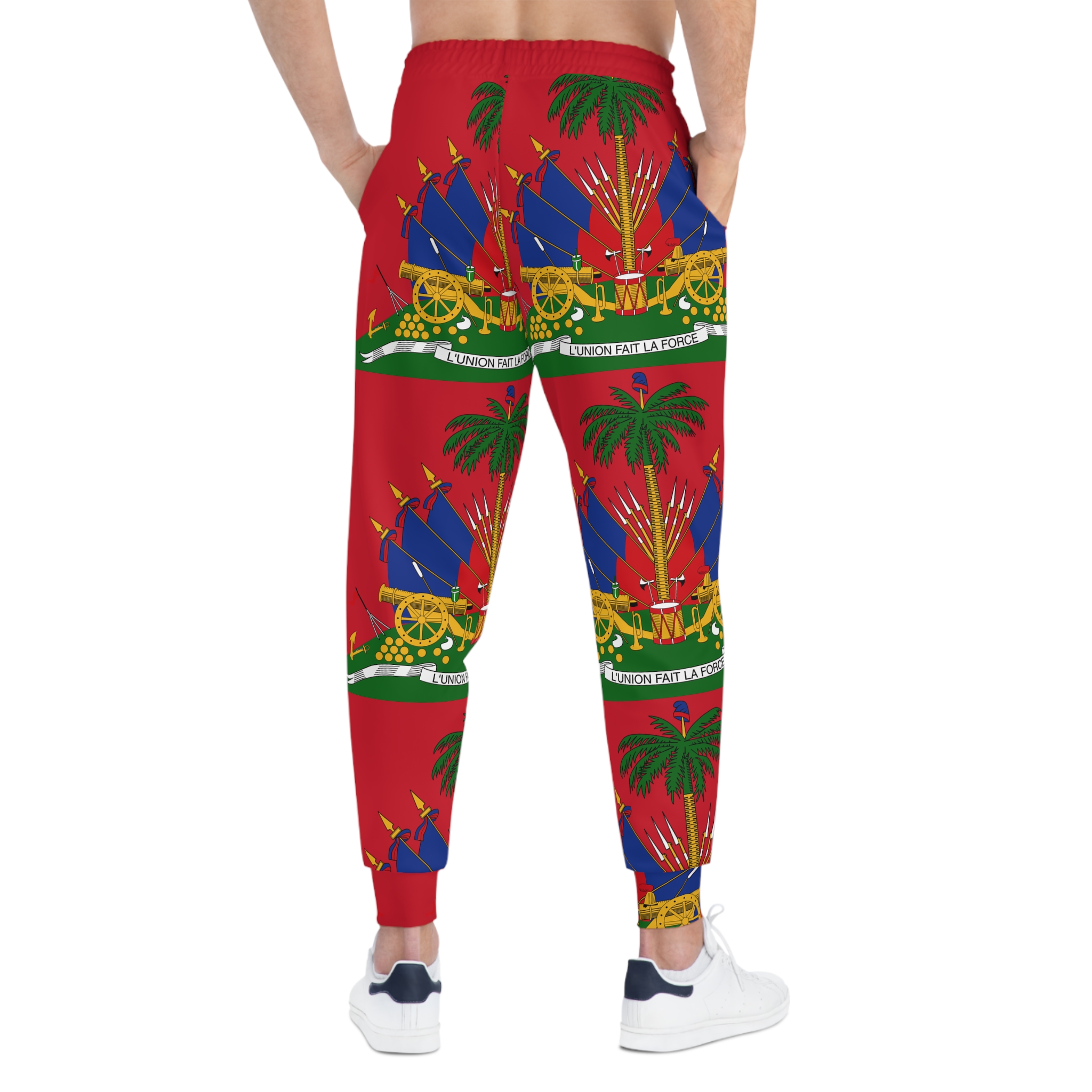 Haiti Flag Athletic Joggers — Red All-Over-Print Crested Sweatpants - Image 4