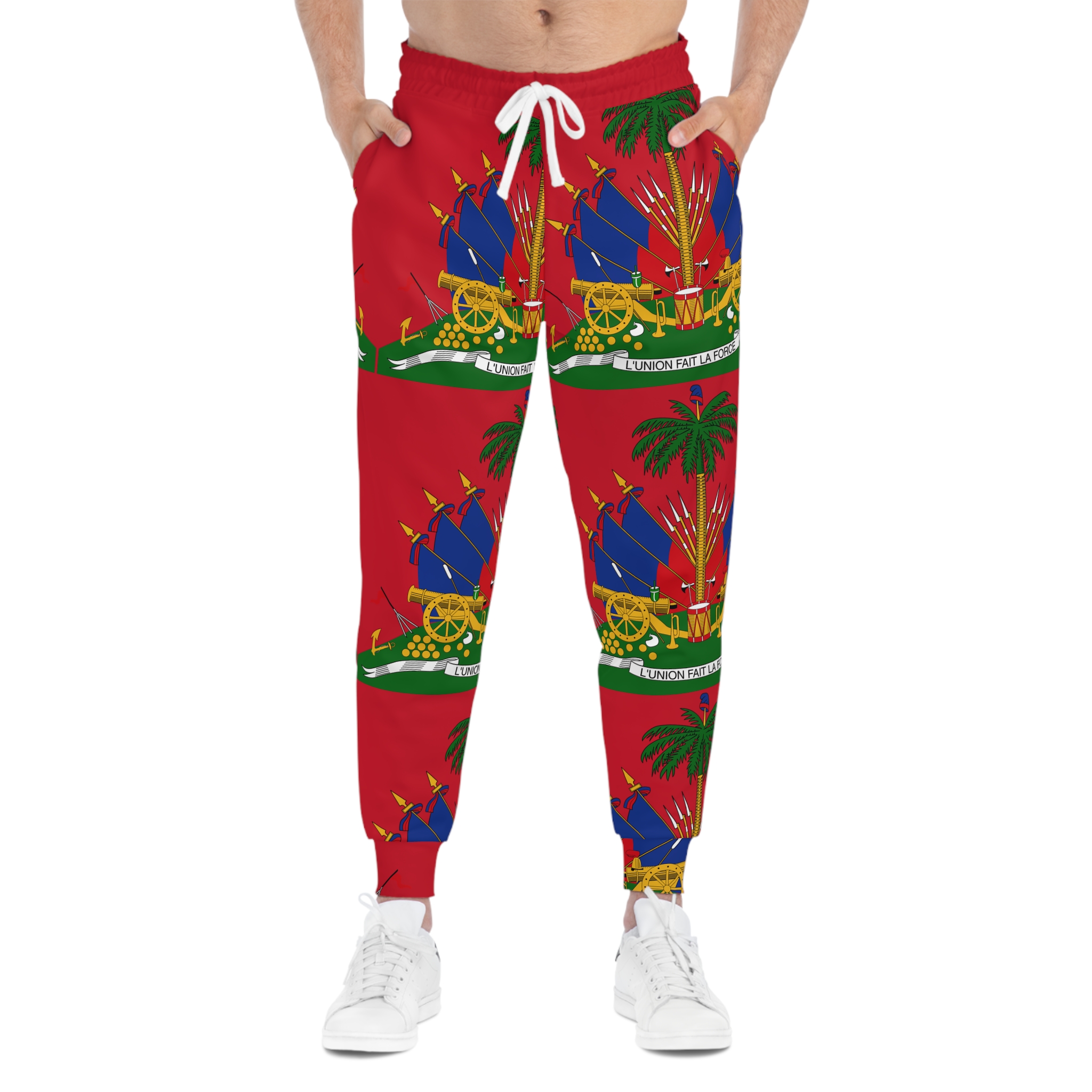 Haiti Flag Athletic Joggers — Red All-Over-Print Crested Sweatpants