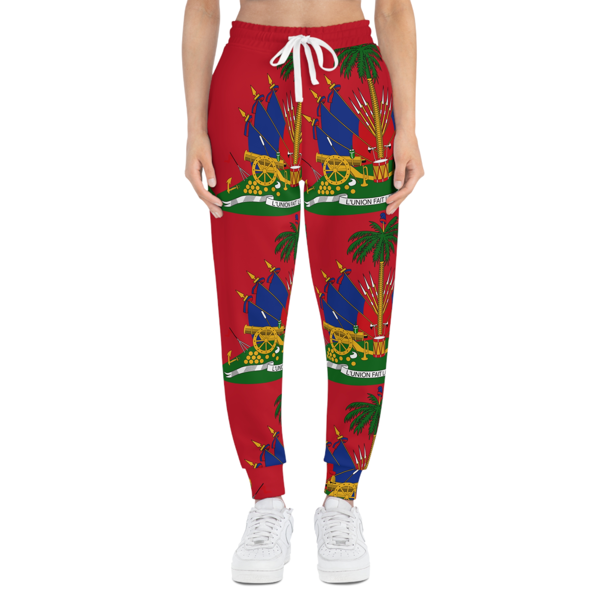 Haiti Flag Athletic Joggers — Red All-Over-Print Crested Sweatpants - Image 5
